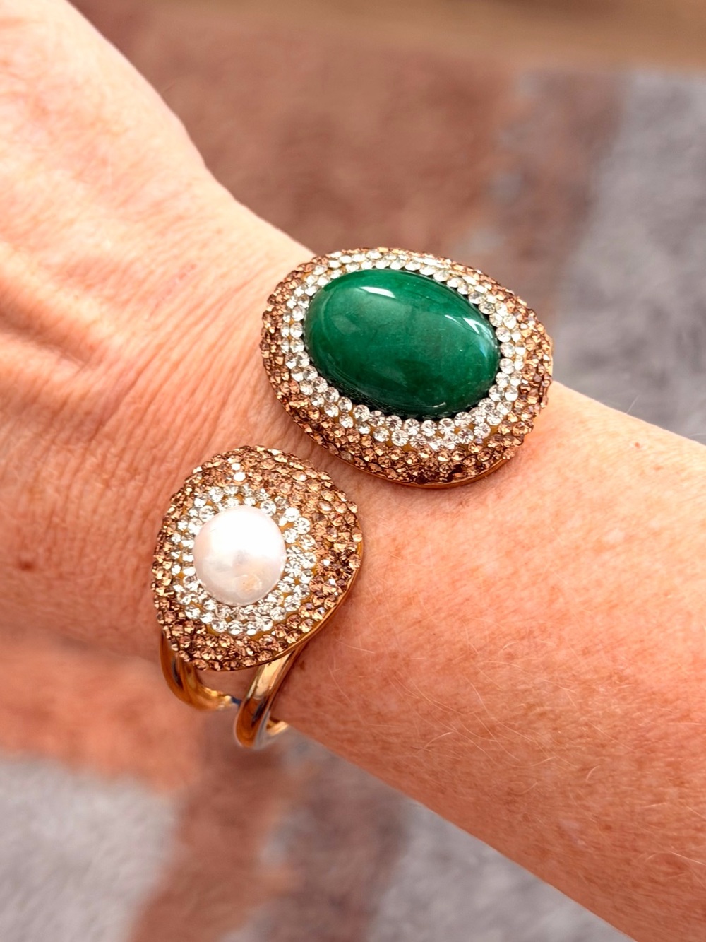 Vintage Gold Tone Green Stone Faux Pearl Rhinestone Hinged Cuff Bracelet